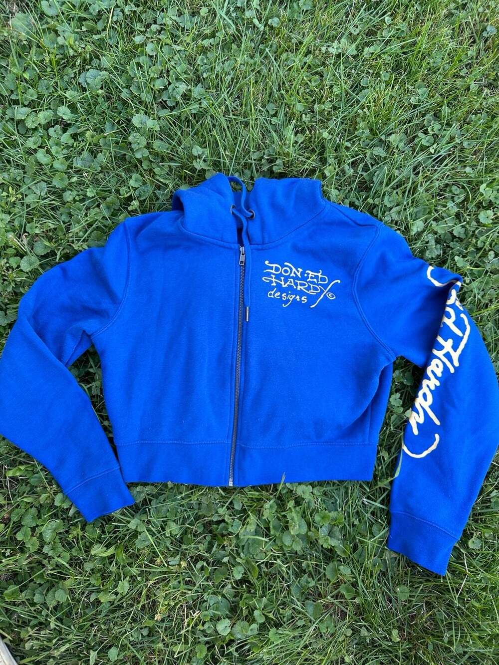 Ed Hardy Zip Up Hoodie Size L Blue Tiger Lotus Graphic Cropped